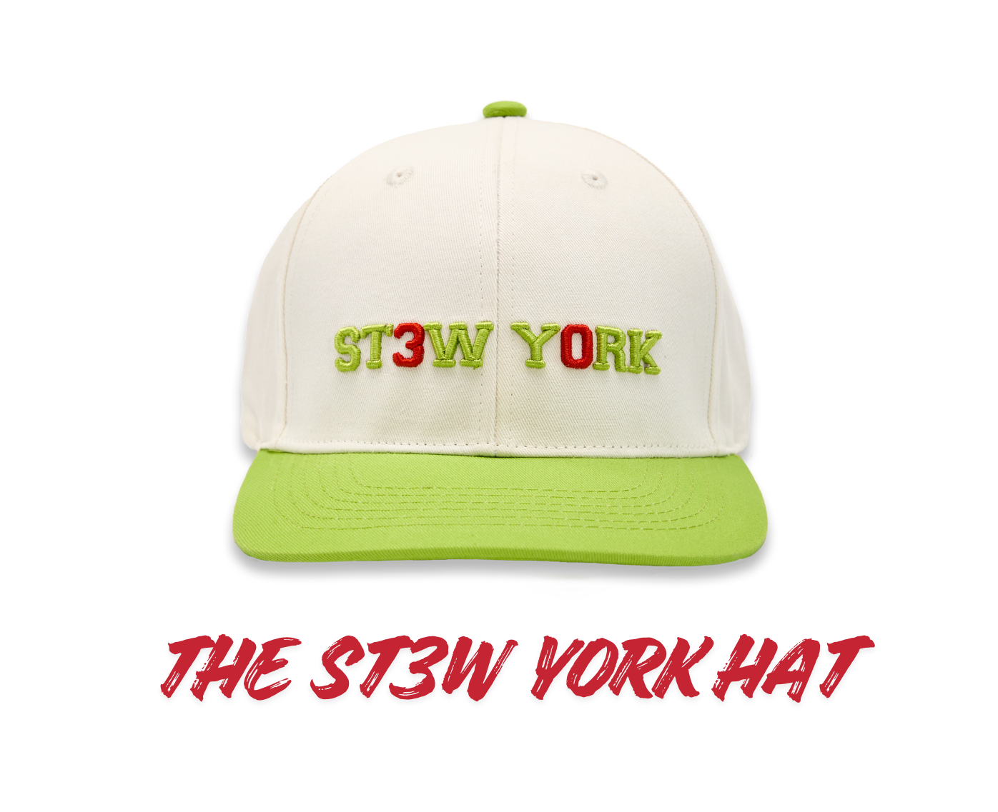 White and green cap with 'ST3W YORK' text 