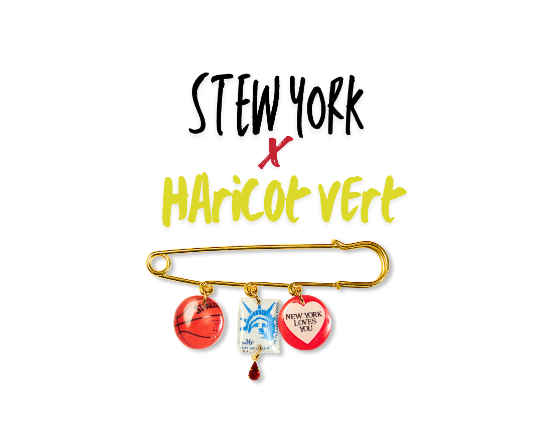 XL Safety Pin with colorful charms and 'Stew York x Haricot Vert' text on a white background