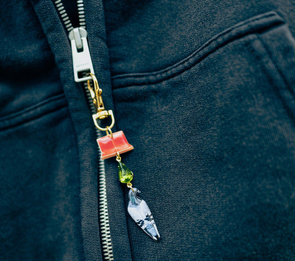 Close up of zipper and city charm