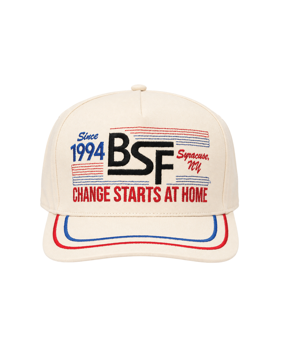 An off-white baseball cap with red and blue embroidered details on the front and brim, featuring the text 'Since 1994 BSF Syracuse, NY' and 'CHANGE STARTS AT HOME'.