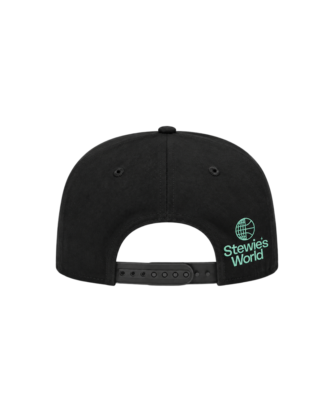 The back of a black snapback cap featuring a green embroidered Stewie's World globe logo on the side, shown against a plain white background.
