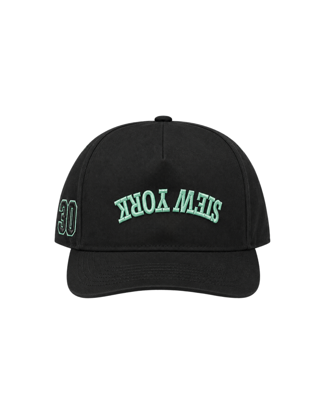 A black baseball cap with 'STEW YORK' embroidered in arched mint green letters on the front and '30' embroidered in matching mint green on the side, shown against a plain white background.