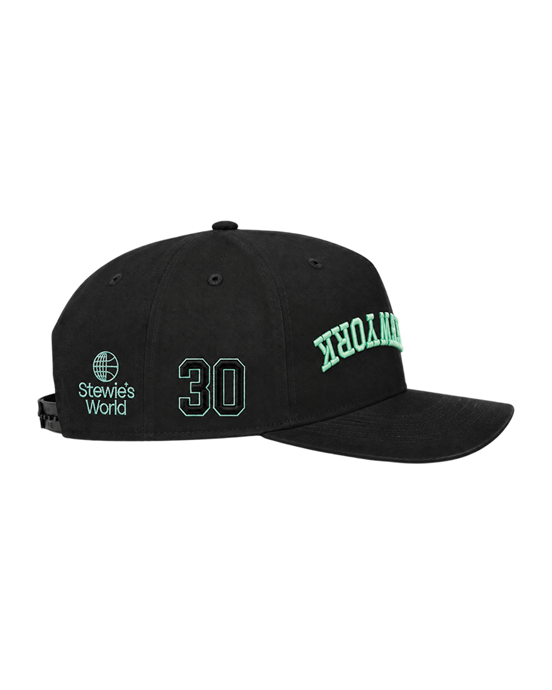 A black baseball cap with green embroidered details, featuring 'Stewie's World' on the side, the number '30' in green outline, and 'NEW YORK' in green arched text on the front, shown against a plain white background.