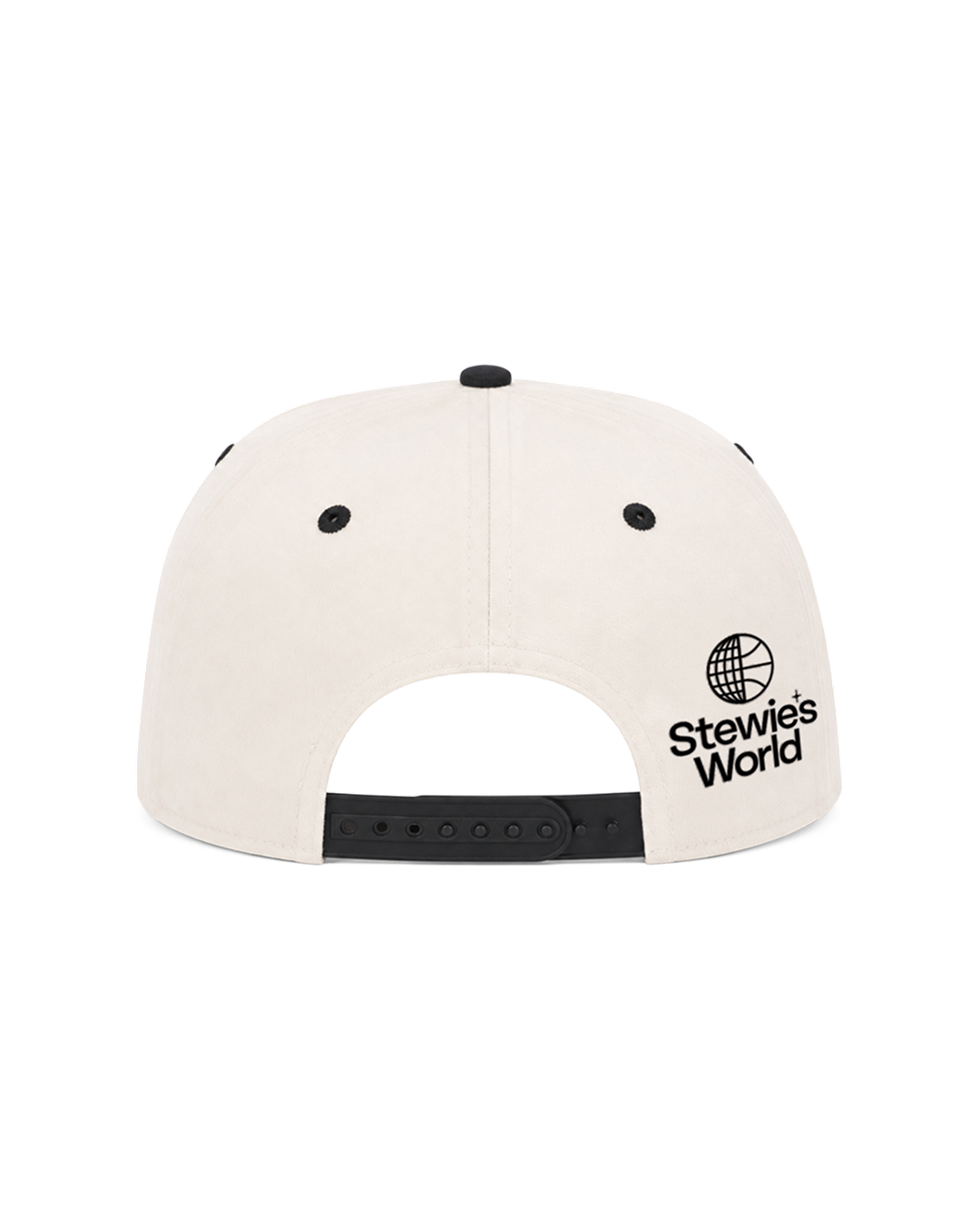 The back of a Stewie's World snapback cap in off-white with black accents, including the brand logo and adjustable strap, shown on a plain white background.
