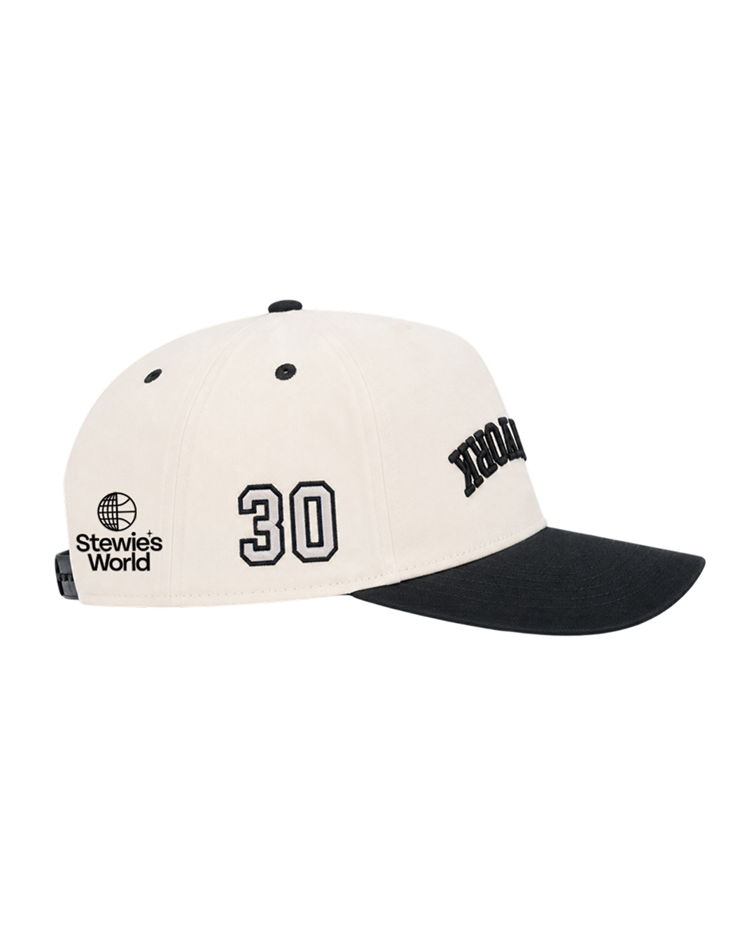 An off-white baseball cap with a black visor, featuring the Stewie's World logo on the side, the number 30 set against a plain white background.