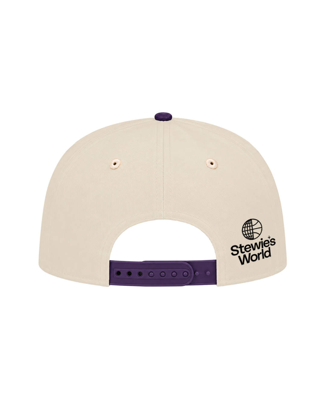 Back view of an off-white snapback cap with a purple button, purple adjustment strap, and a black Stewie's World logo on the side.