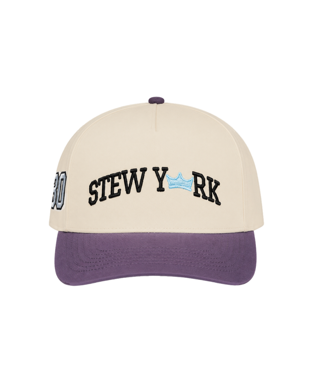 A structured baseball cap with an off-white crown and a purple brim. The front features the text 'STEW YORK' in black arched lettering with a small light blue crown graphic in the center.