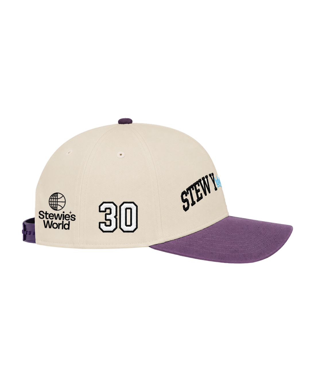 A Stewie's World baseball cap with a cream-colored crown, purple visor and back strap, featuring the number 30 and Stewie's World branding on the side.