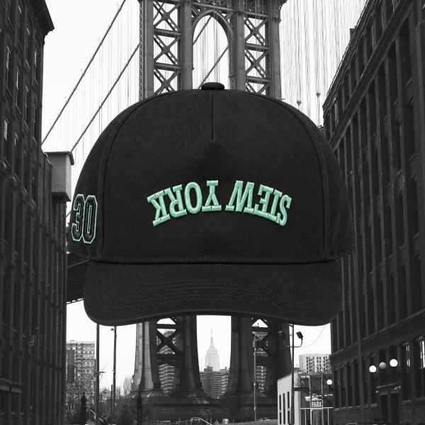 A black baseball cap with 'STEW YORK' and the number '30' embroidered in mint green on the front and side, shown against a black-and-white background of the Manhattan Bridge over a city street.