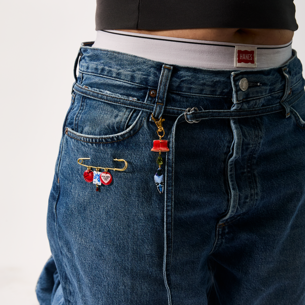 Blue Jeans styled with XL Safety Pin and Charms