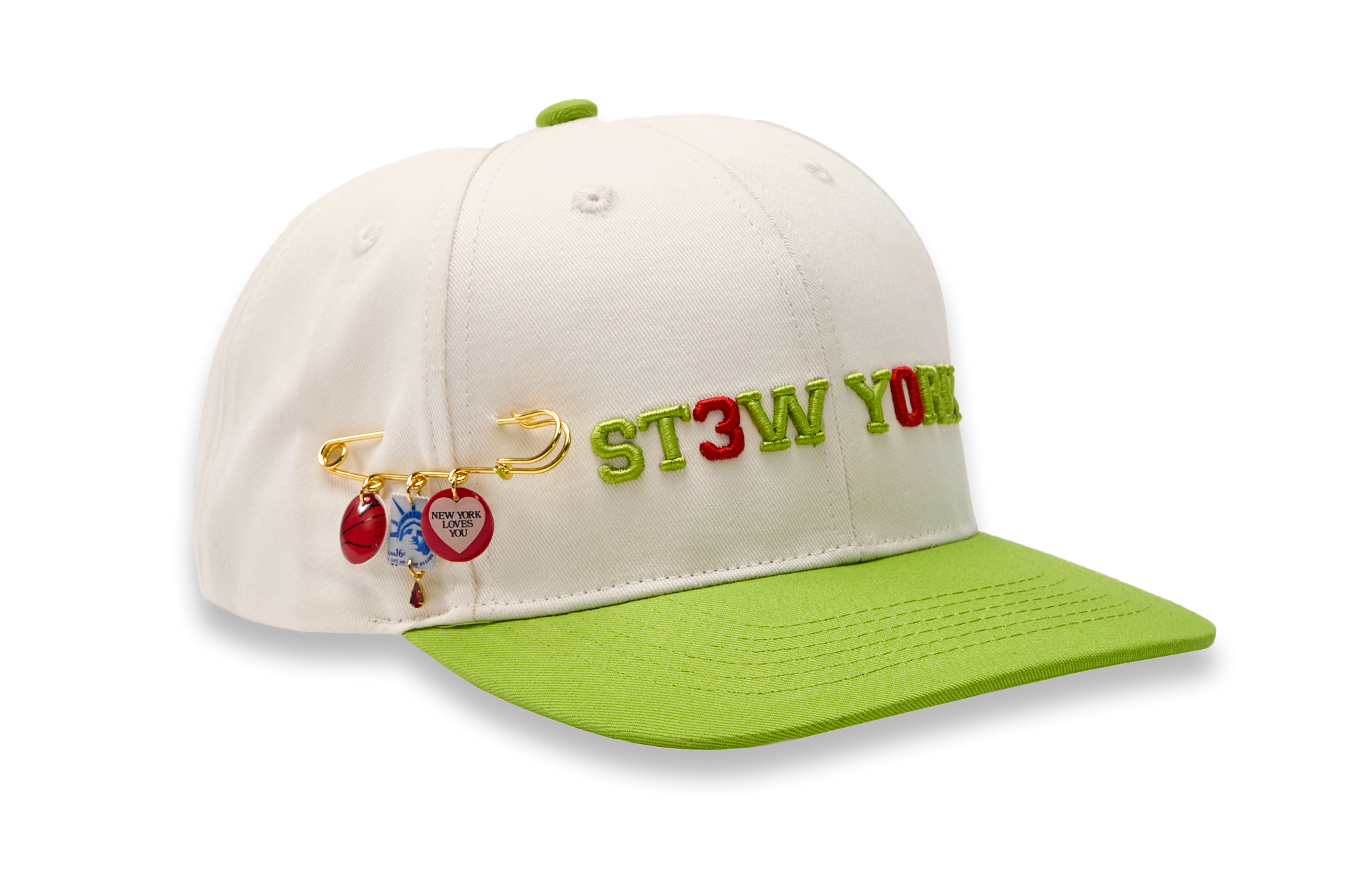 Stew York hat with XL Safety Pin Charms