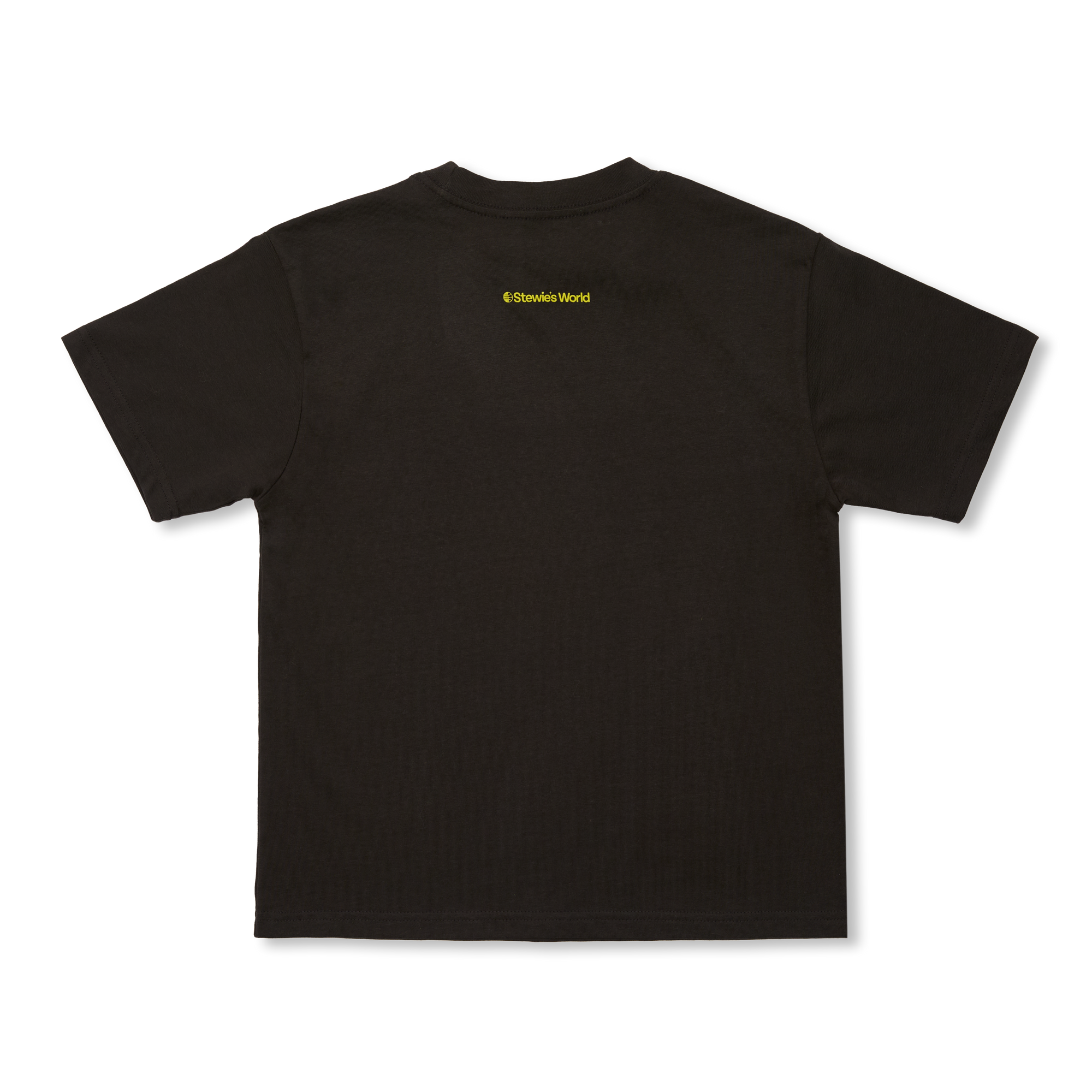 Back of Black t-shirt with a small yellow Stewie's World logo 