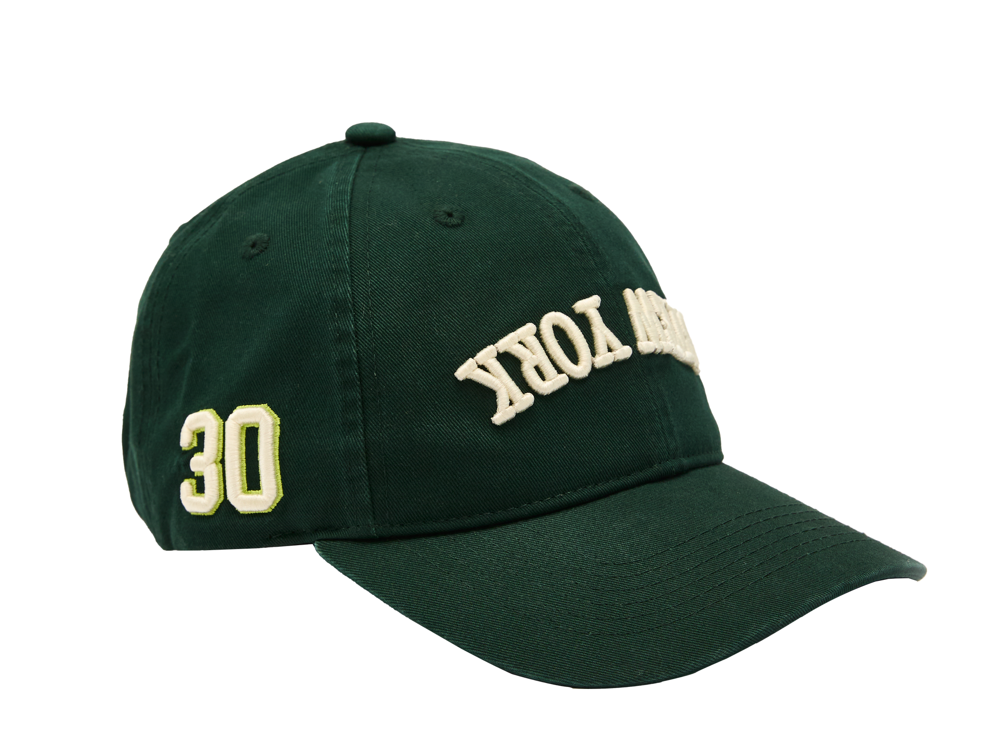 Green cap with 'Stew York' and number '30'